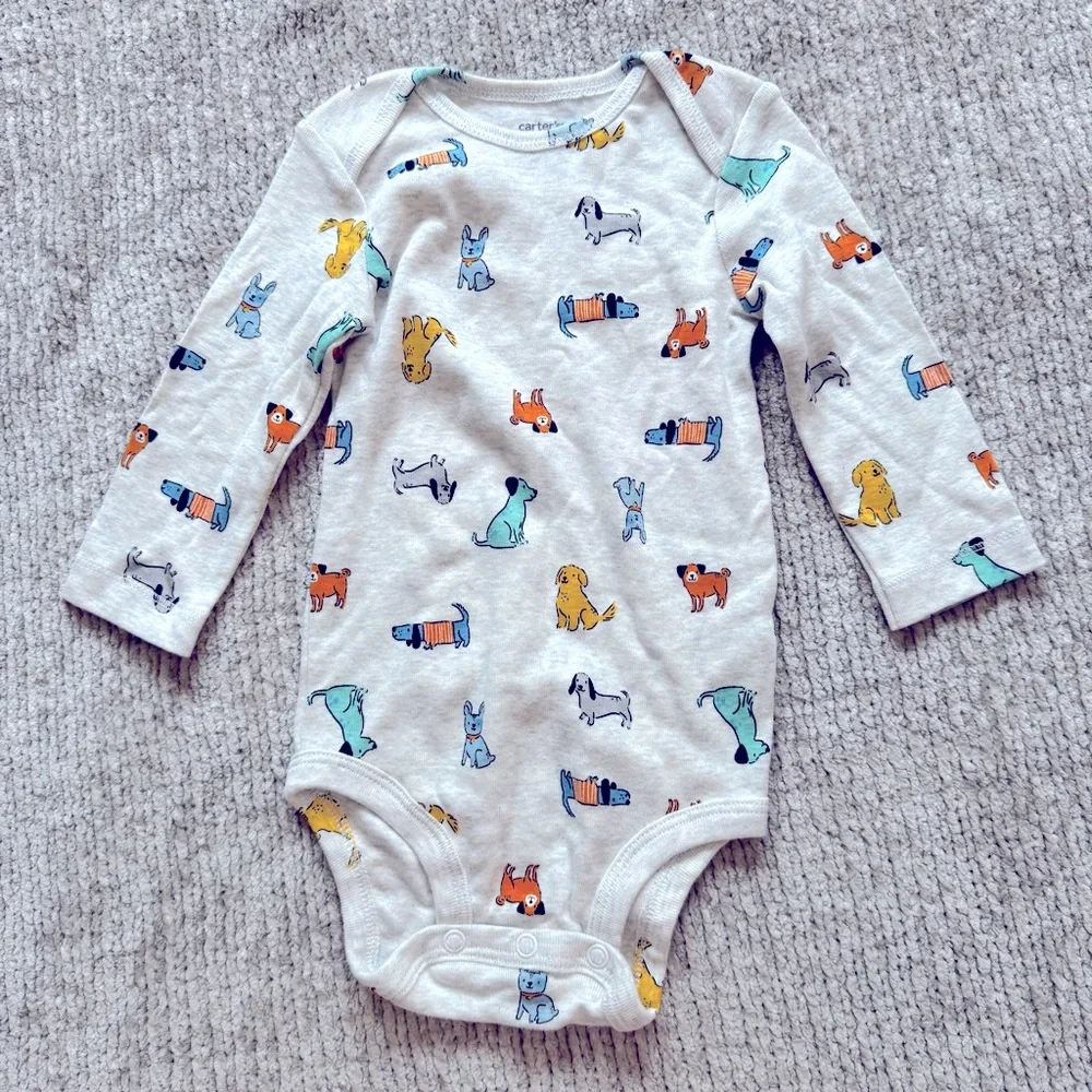 Carter’s 6M Long Sleeve Dog Print Bodysuit 100% Cotton Puppy Whimsical Cute